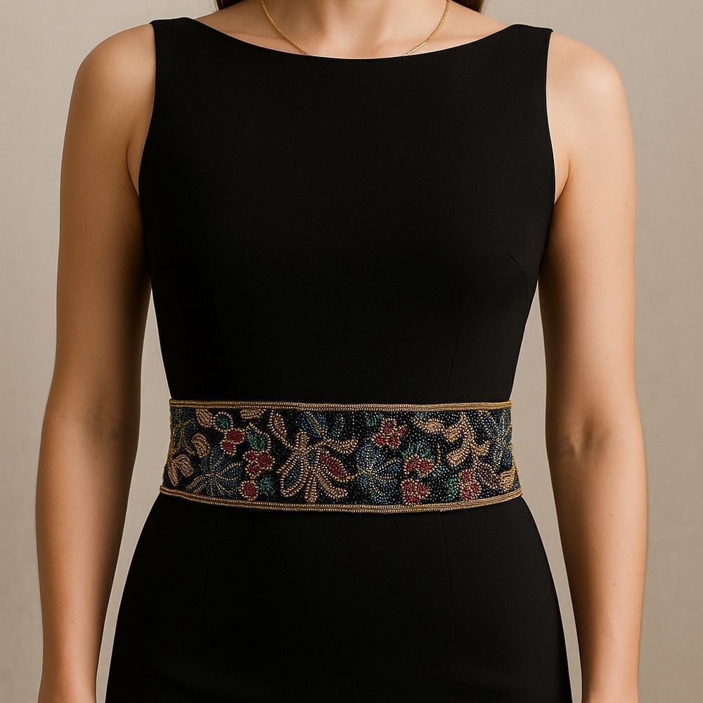 Courtenay Black Beaded Floral Belt asst colored Glass Beads hook n loop SZ 32-34